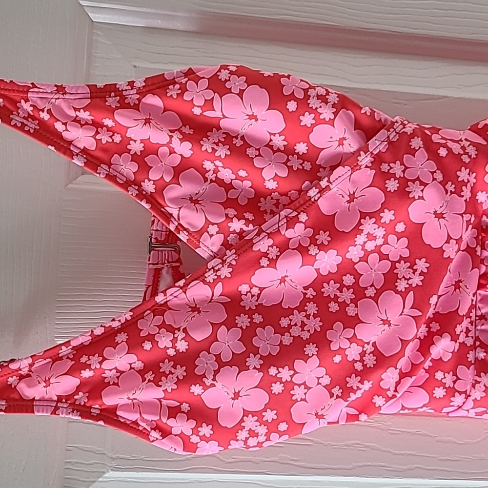 DECREE BRAND WOMENS ONE PIECE PINK AND RED SWIM SUIT WITH WRAP SKIRT SIZE XS